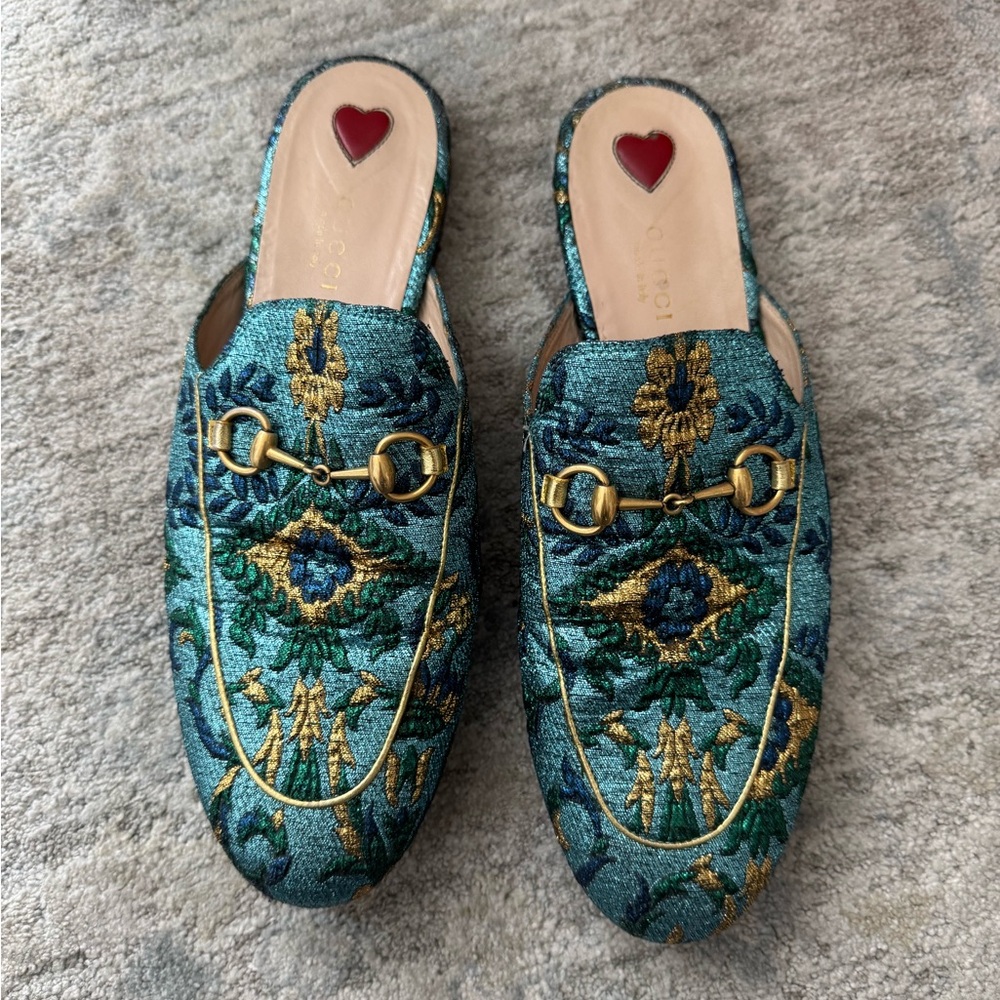 Gucci Teal Embroidered Horsebit Backless Loafers - Picture 1 of 4